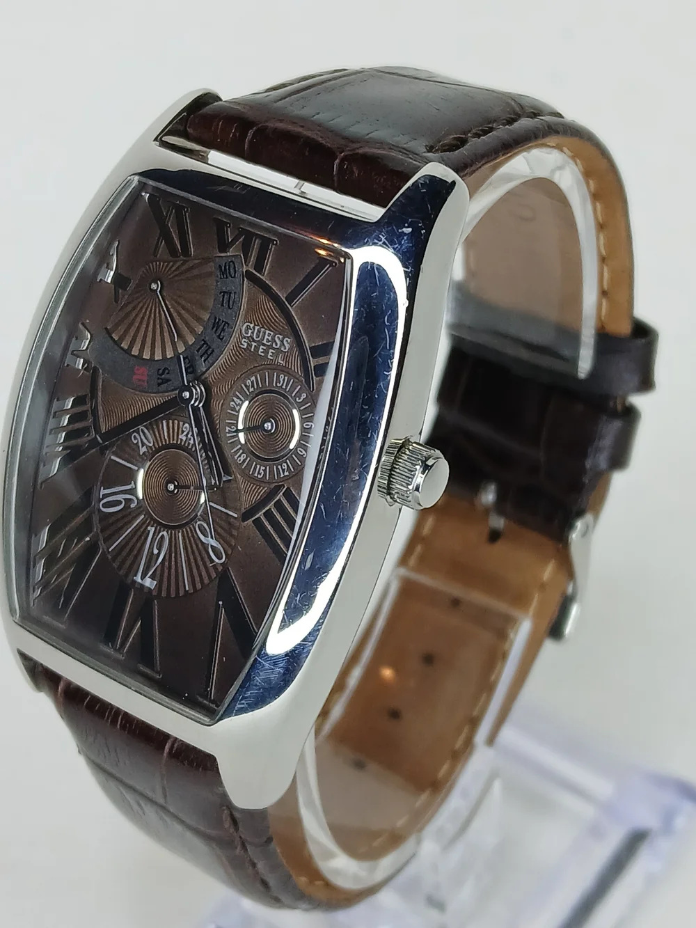 ​GUESS Steel Watch G12550G Tonneau Case Brown Dial Orig Brown Leather Strap